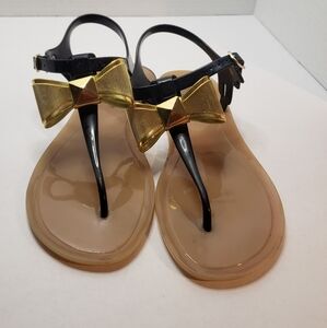 Kate Spade Size 7 Fab Gold Bow Buckle Strap Black Jelly Thong Sandal